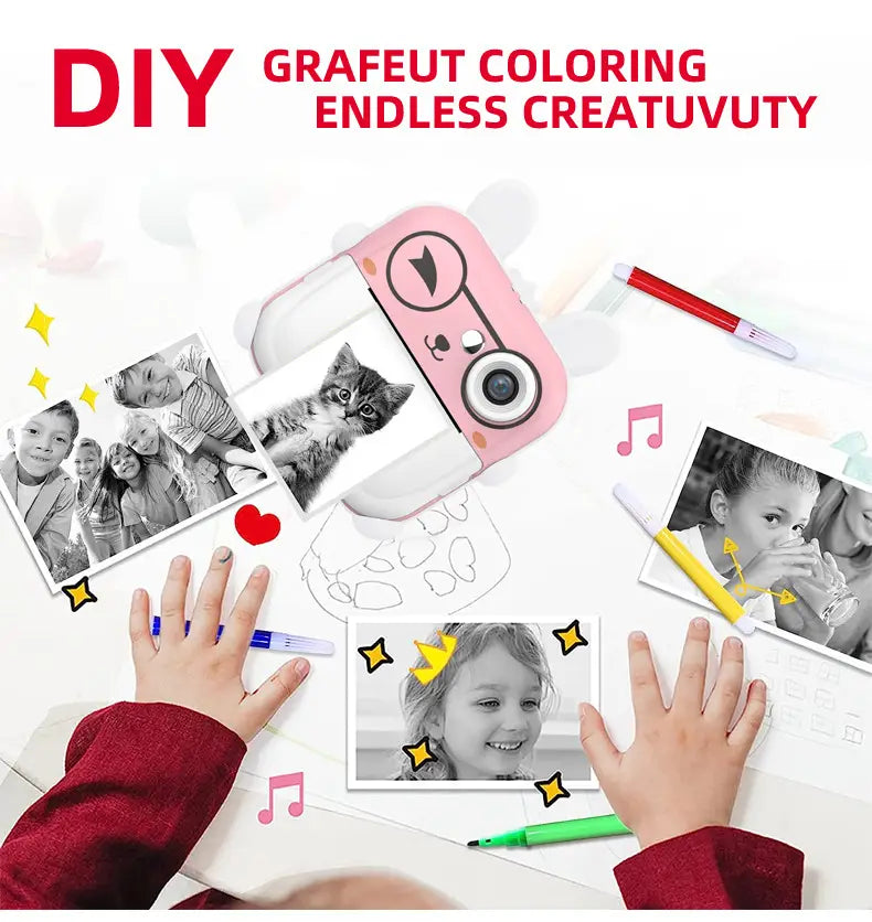 pink and white grafeut diy photo coloring machine with a cute face design featured as a pink rabbit cartoon camera for polaroid children’s use with rabbit 32g high-speed capability