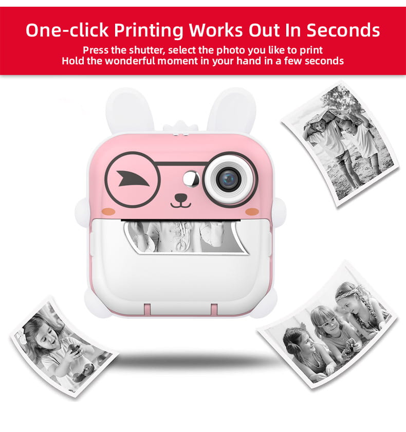 pink and white bunny-shaped instant photo printer with cartoon eyes and a smiling face from the pink rabbit polaroid children’s cartoon camera series designed for high-speed 32g rabbit 32g high-speed printing.