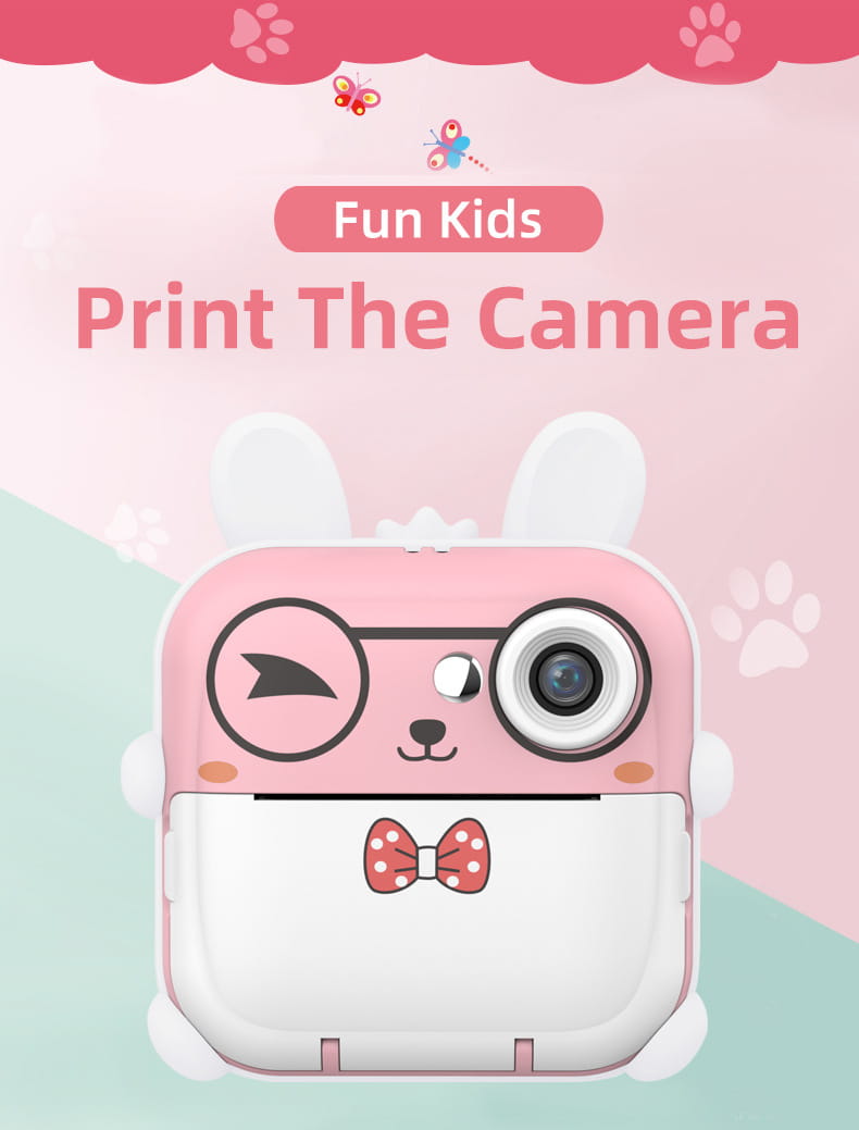 pink and white rabbit 32g high-speed polaroid children’s cartoon camera with a bow tie design for kids