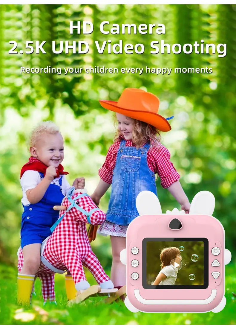 Pink rabbit polaroid children’s cartoon camera with bunny ears and a screen displaying a video of a child featuring rabbit 32g high-speed storage.