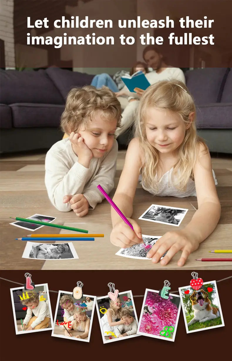 a set of colorful child-friendly pencils with smooth wooden barrels and vibrant tips alongside the pink rabbit polaroid children’s cartoon camera featuring rabbit 32g high-speed storage.