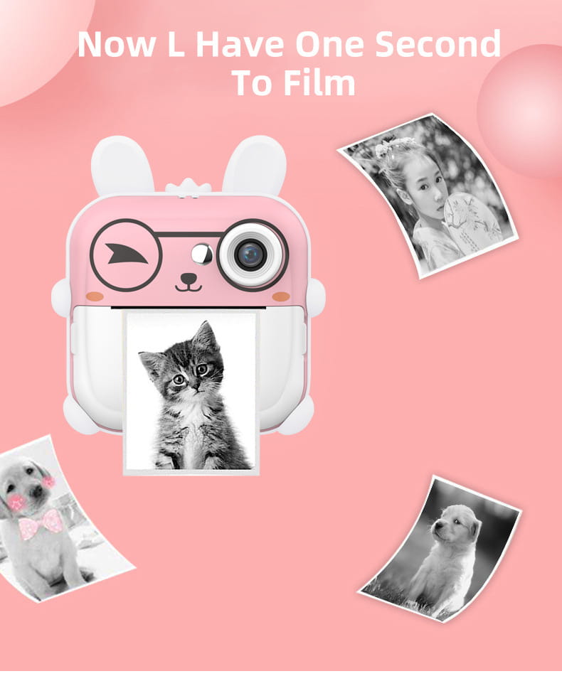 pink rabbit polaroid children’s cartoon camera shaped like a bunny with white accents and a cute face design featuring 32g high-speed support