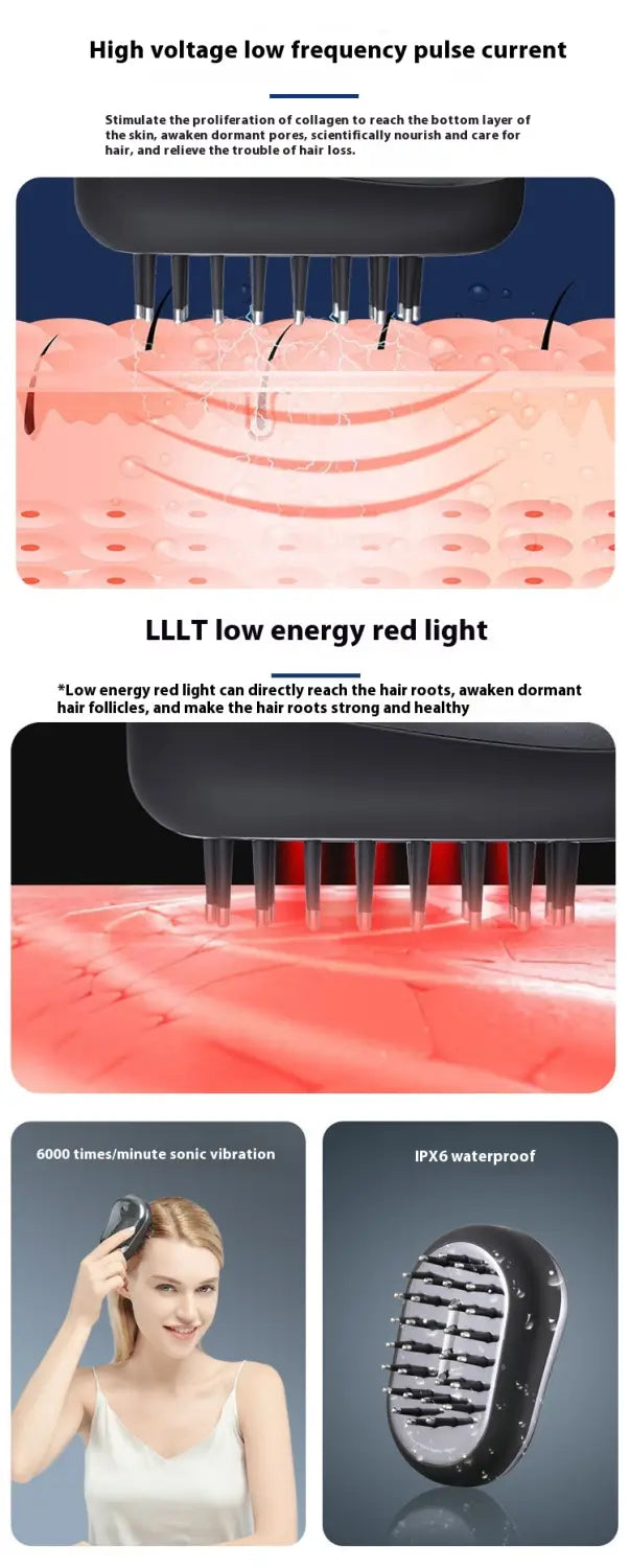 black plastic hair growth comb featuring red light therapy and sonic vibration for advanced hair care red light treatment