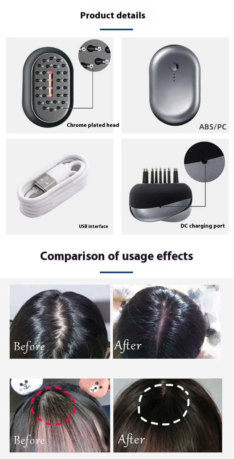 silver chrome-plated red light hair care growth comb with abs pc casing and usb interface for hair care red light therapy