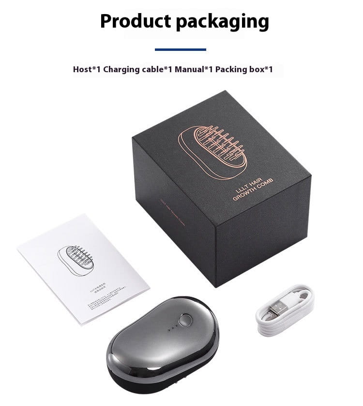 shiny silver oval-shaped red light hair care growth comb with smooth rounded surface and small circular button on top designed for care red light therapy.