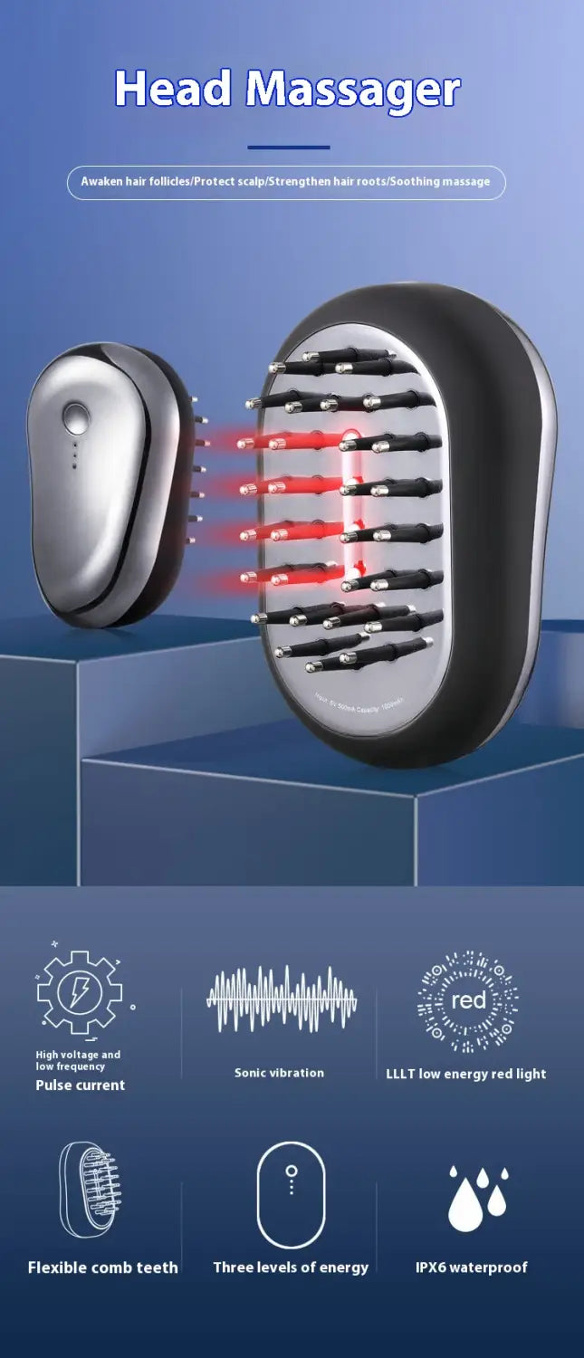 Silver and black red light hair care growth comb with flexible comb teeth and care red light therapy for scalp stimulation