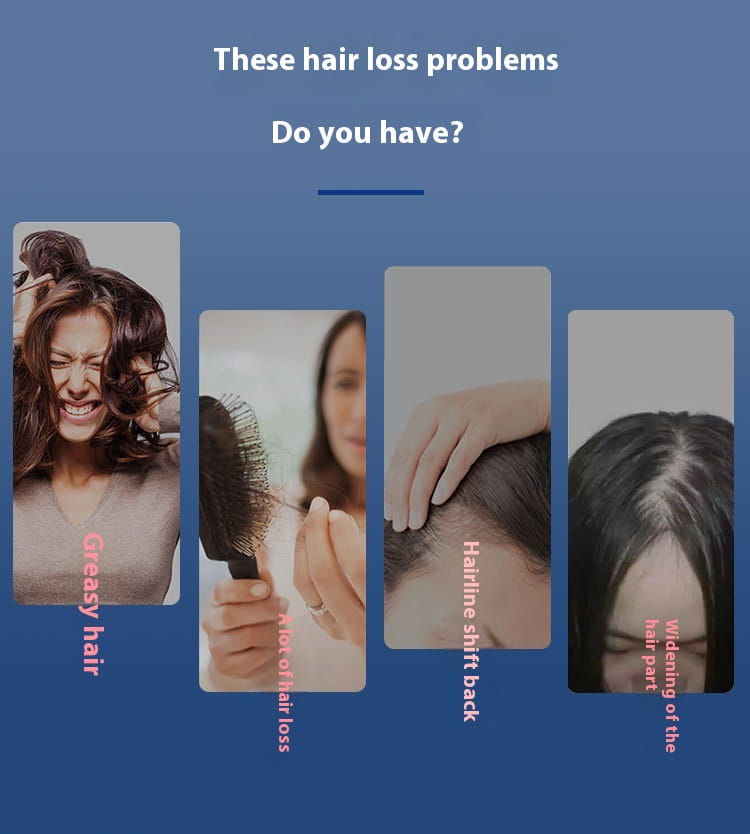 The promotional graphic features the red light hair care growth comb with red light therapy illustrating common hair loss symptoms including greasy hair and widening part.