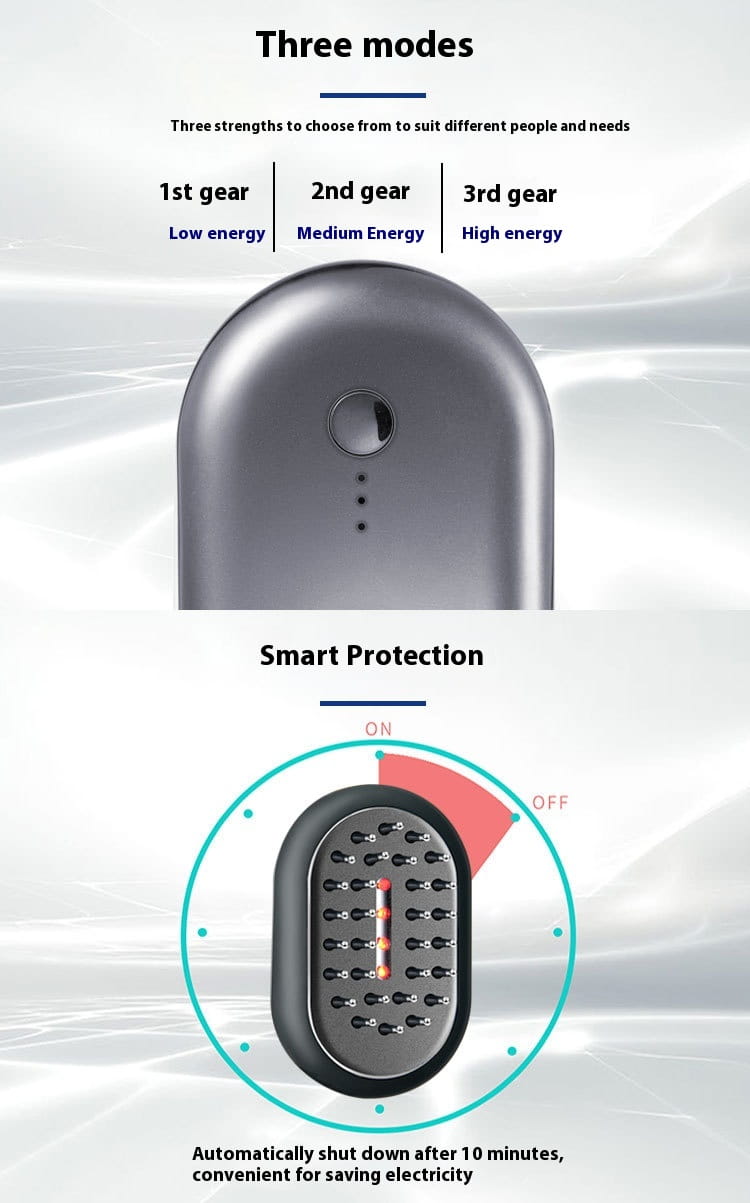 silver-colored sleek electric hair dryer with three adjustable power modes and smart protection feature for automatic shutoff after 10 minutes designed for hair care red light therapy usage