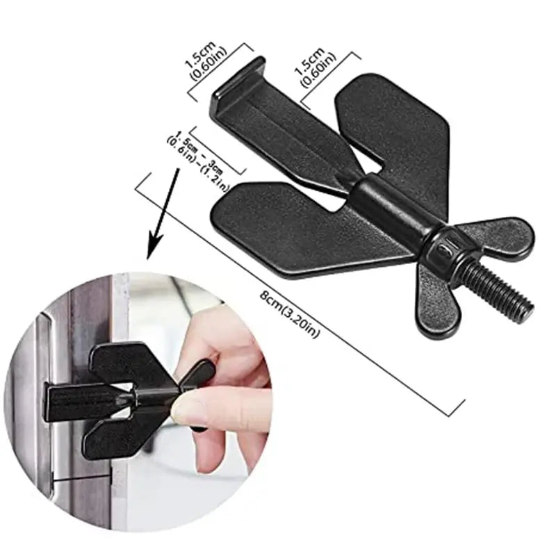 Portable black plastic winged door lock stopper with threaded screw and toggle clamp for securing doors or panels.