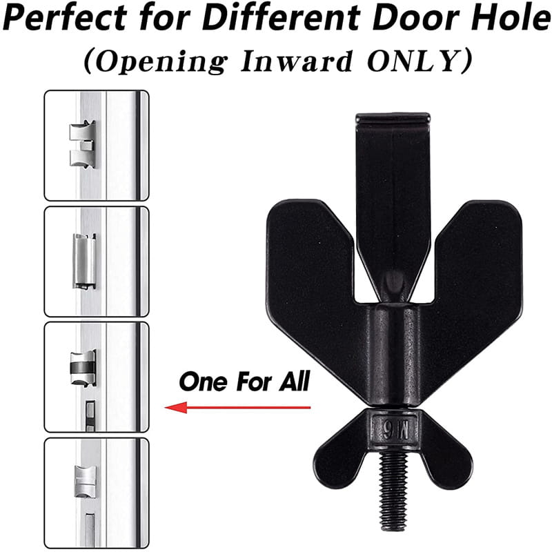 Black metal door hole adapter with threaded screw and winged design for inward-opening doors featured as a portable black plastic winged door lock stopper.