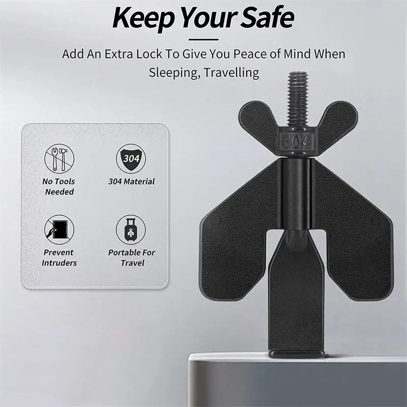 Black 304 stainless steel portable door lock with winged safety lock, threaded screw, and flat base for use as a door stopper.