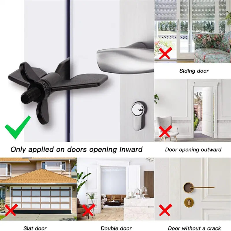 Black matte-finish door handle latch made of plastic for inward-opening doors featuring a portable door lock stopper design.