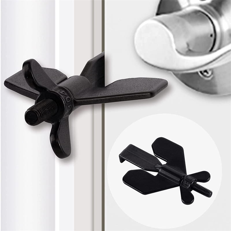 Portable black plastic winged door lock stopper with a threaded screw for secure door stopper functionality.