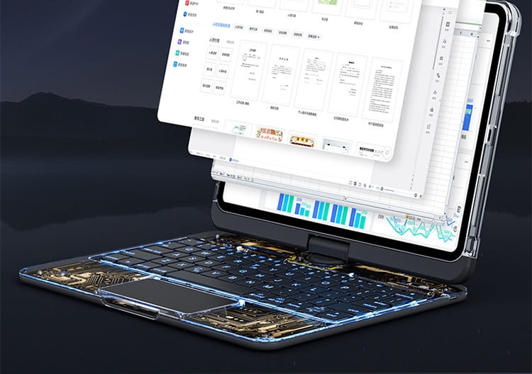 white core transparent rotating ipad keyboard with pen slot featuring a transparent protective case displaying the internal circuit board design of the tablet and keyboard combo