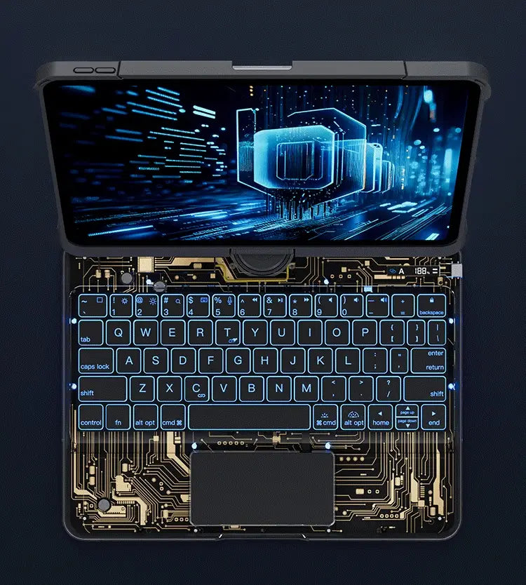 black and gold circuit board laptop with illuminated blue backlighting on the keyboard shown with a white core transparent rotating iPad keyboard pen slot and keyboard protective features