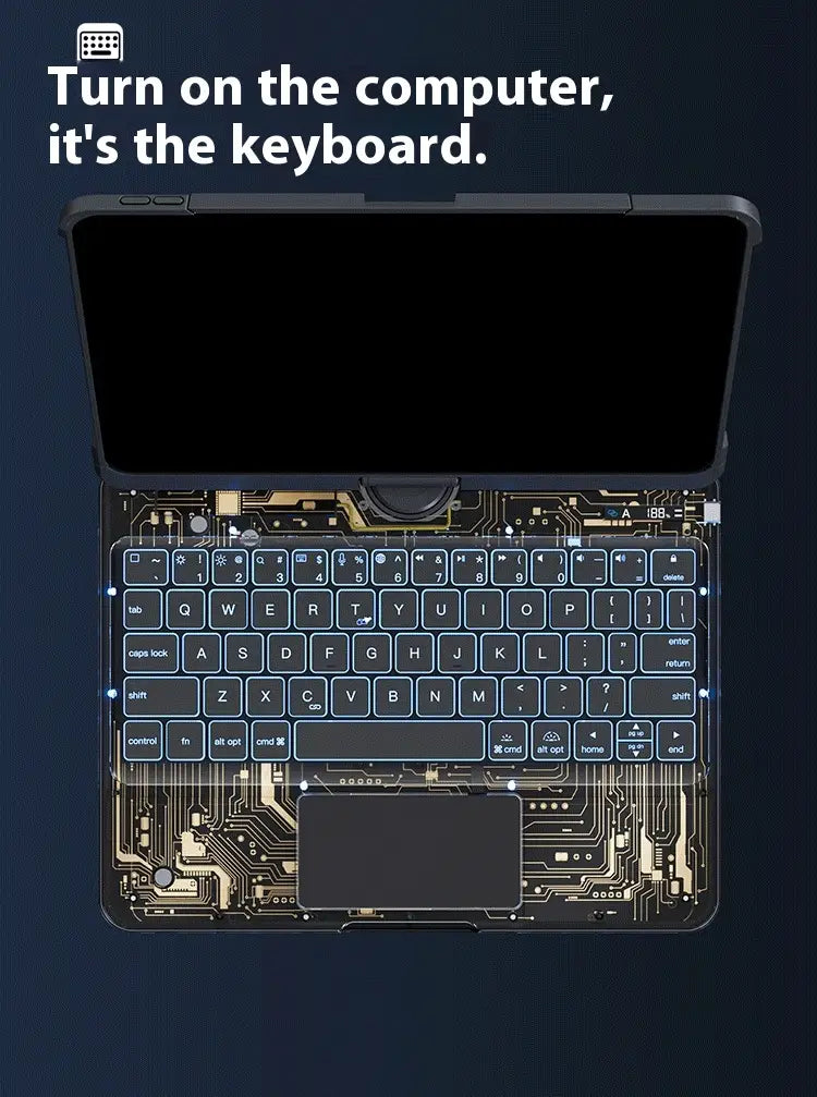black laptop with core transparent rotating keyboard protective overlay revealing circuit board design and integrated pen slot for multitasking efficiency