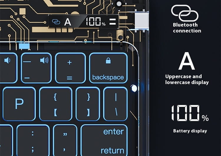 a sleek black core transparent rotating keyboard with glowing blue backlighting and a visible circuit board beneath the keys featuring a pen slot and keyboard protective design