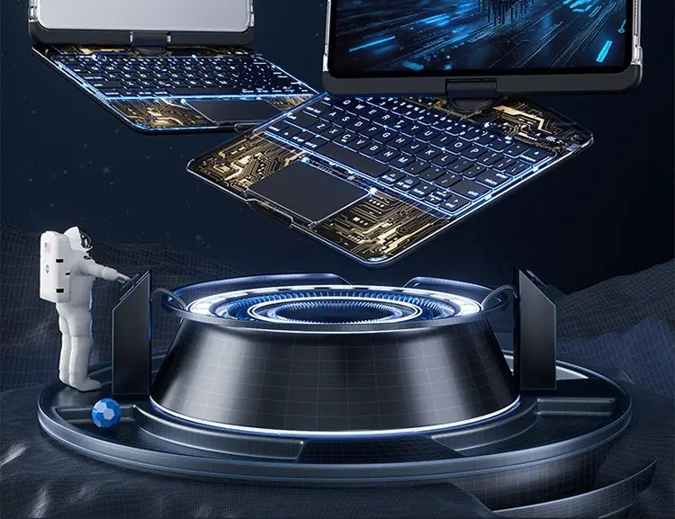 white core transparent rotating iPad keyboard features futuristic floating keyboards with glowing blue backlighting, intricate gold circuit board designs, and a built-in pen slot for protective use.