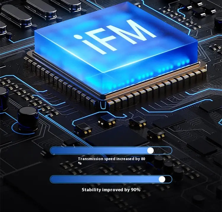 a glowing blue ifm chip with a translucent illuminated surface mounted on the electronic circuit board of a white core transparent rotating ipad keyboard pen slot featuring keyboard protective design