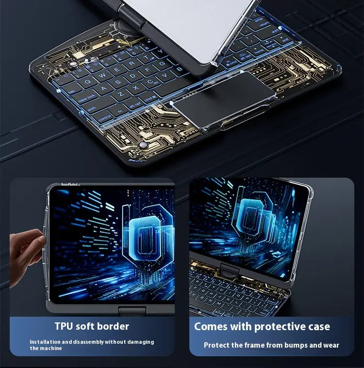 White core transparent rotating iPad keyboard pen slot featuring a transparent TPU case with circuit board design and built-in keyboard protective touchpad for tablet use.
