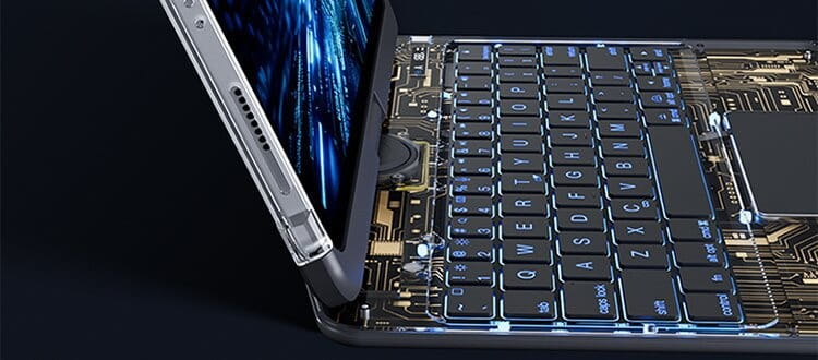 Silver laptop with a visible circuit board and black keyboard featuring blue backlighting integrated with a white core transparent rotating iPad keyboard pen slot and keyboard protective design.