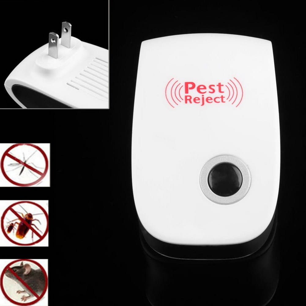 White plastic electronic ultrasonic healthy pest repeller with red branding and a black circular button for healthy rechargeable anti pest control.