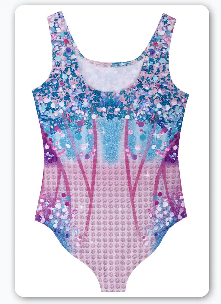 A shimmering blue and pink sequined luxury women’s fashion bikini swimsuit with a gradient design and sparkling glitter accents in a fitted silhouette.