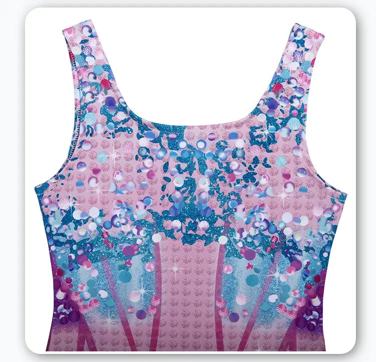 A shimmering pink and blue sequined tank top bikini swimsuit featuring a glittery confetti-like pattern designed for luxury women’s fashion and plus size dresses bikinis.