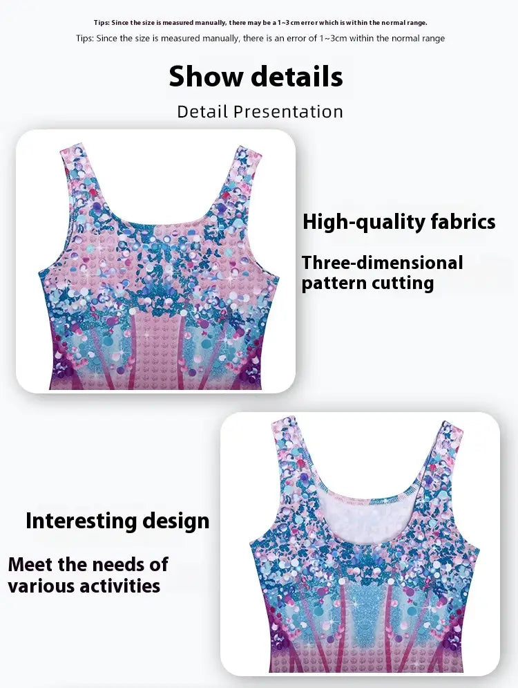 A vibrant luxury women’s fashion bikini swimsuit tank top with a shimmering blue and pink sequin gradient pattern perfect for plus size dresses bikinis.