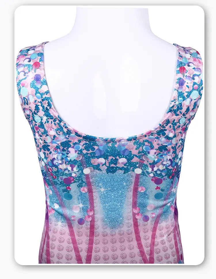 A vibrant luxury women’s fashion bikini swimsuit featuring a sleeveless top with shimmering pink and blue glittery vertical stripes perfect for plus size dresses bikinis.