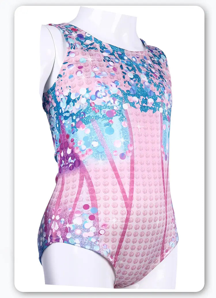 A shimmering pink and blue sequined luxury women’s fashion bikini swimsuit with a sparkling abstract pattern perfect for plus size dresses bikinis.