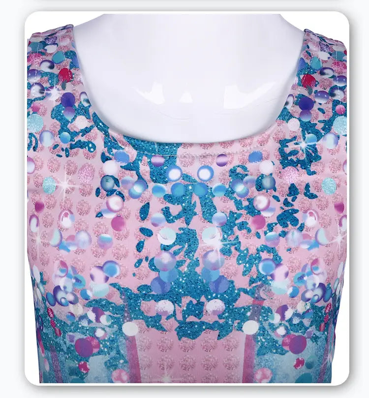 A shimmering pink and blue sequined luxury women’s fashion bikini swimsuit featuring a playful glittery pattern.