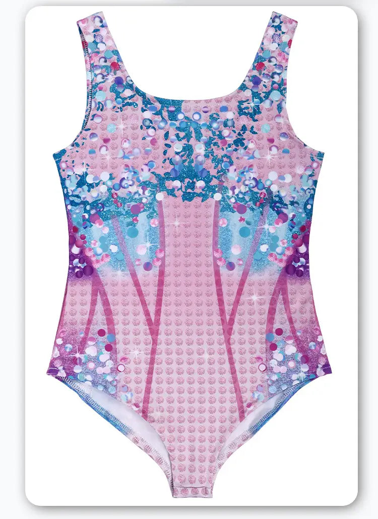 A shimmering pink and blue sequined luxury women’s fashion bikini swimsuit with a gradient design featuring sparkling dots and vertical stripes suitable for plus size dresses bikinis.