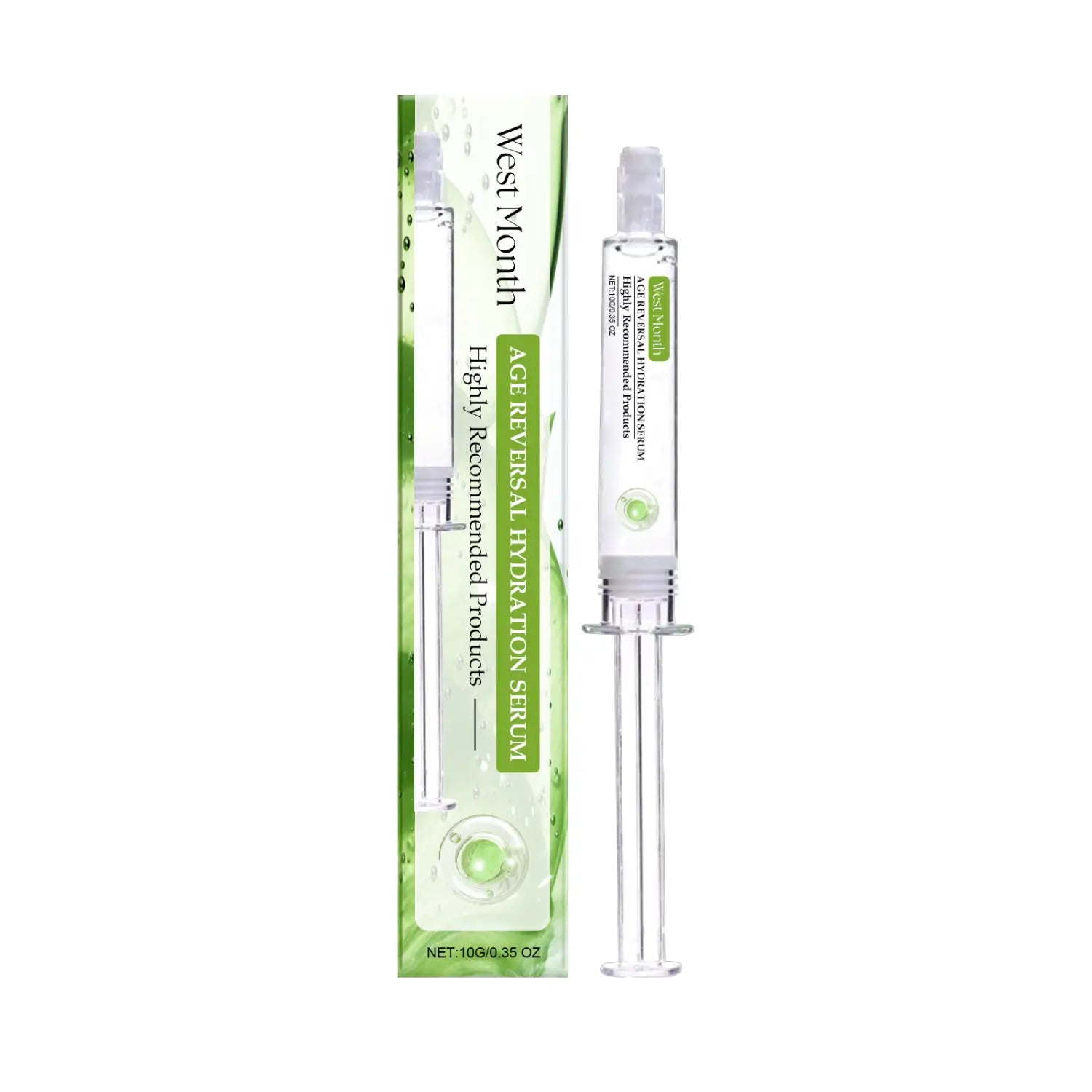 clear glass syringe-style bottle of anti aging hydrating solution serum with a white plunger and cap containing greenish liquid for aging hydrating care.