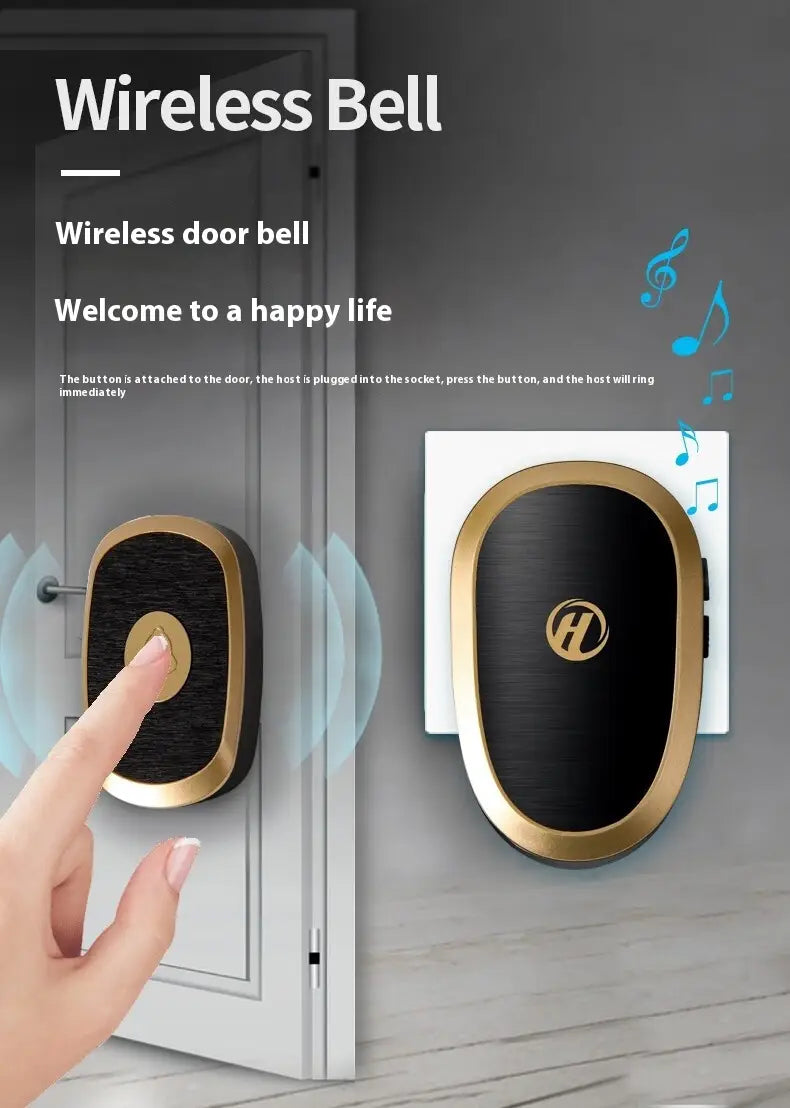 Black and gold doorbell wireless home device with a sleek oval design and modern wireless home electronic features.