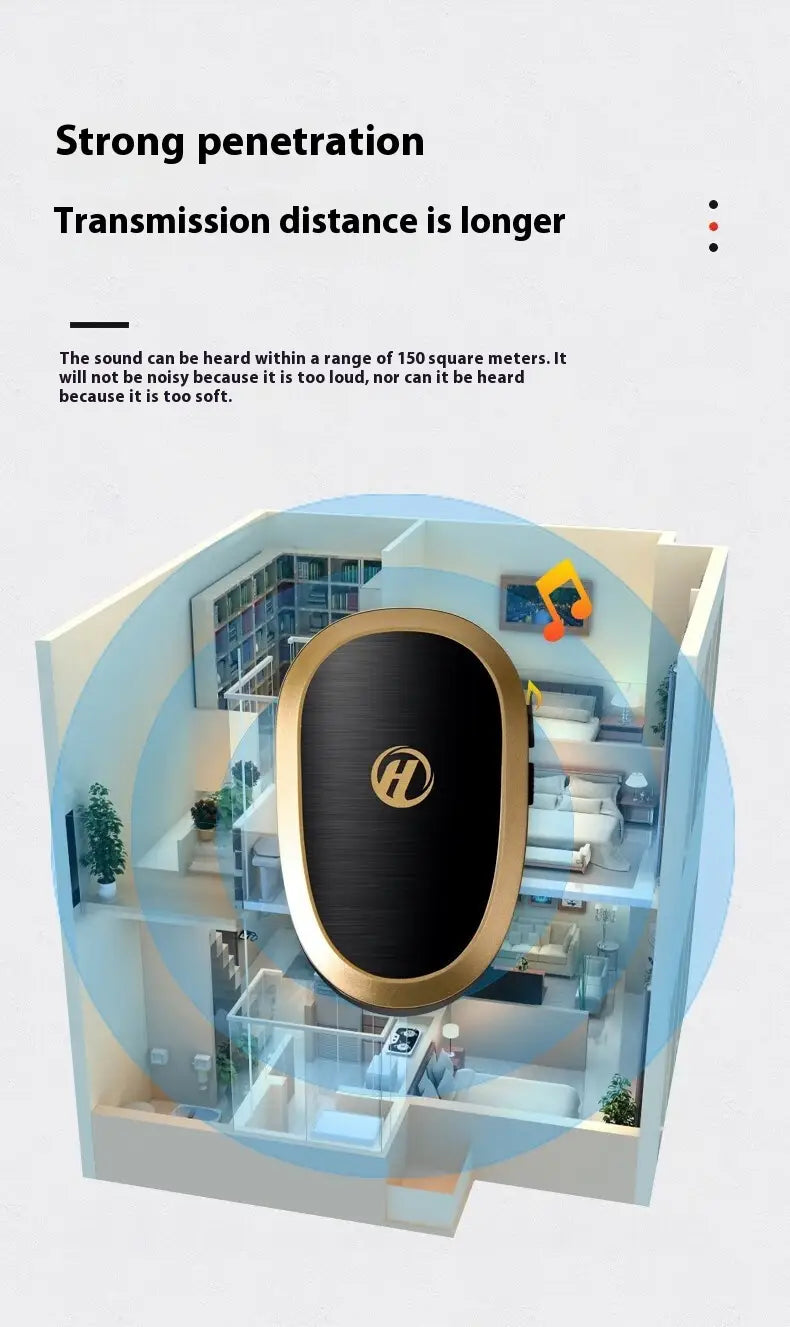 Black and gold oval-shaped wireless home electronic speaker with a sleek modern design for doorbell wireless home use.