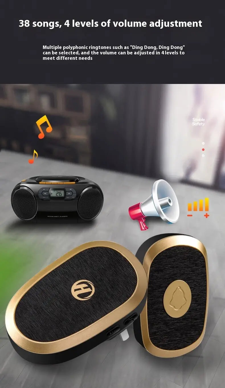 black and gold oval-shaped wireless earbuds with textured fabric finish featured in the doorbell wireless home electronic ultra product.