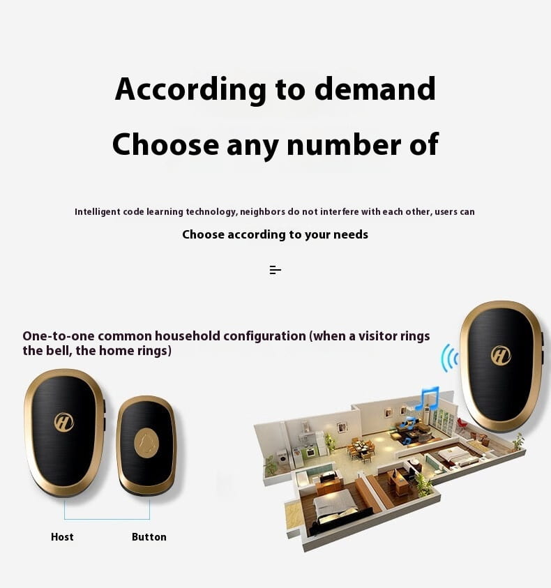 black gold doorbell wireless home electronic featuring a sleek oval-shaped host and button units in gold and black with modern wireless home electronic design.