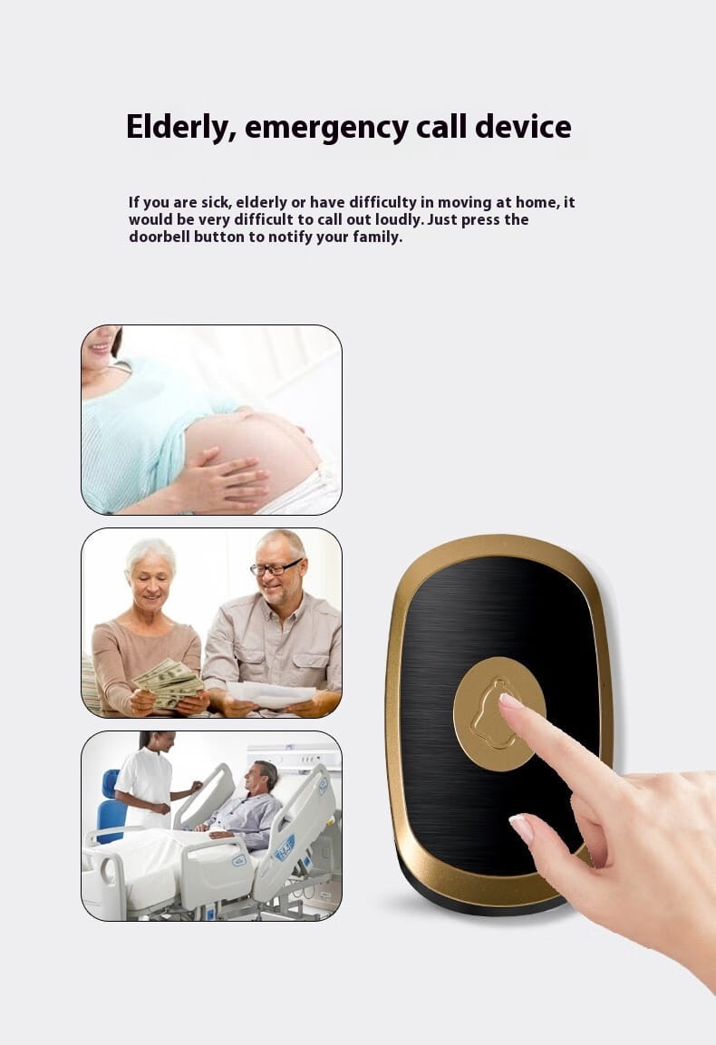 black gold doorbell wireless home electronic featuring an oval-shaped gold and black emergency call button with a central circular touchpad for wireless home electronic use.