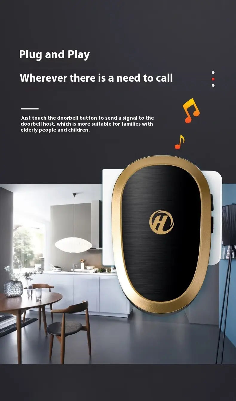 black gold doorbell wireless home electronic featuring a gold-framed black oval button with a circular logo in the center