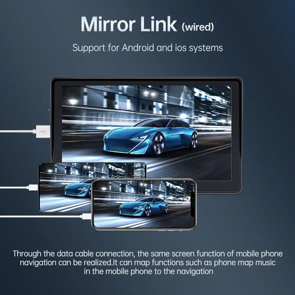 A blue futuristic sports car displayed on tablet and smartphone screens showcasing the 7 inch portable wireless carplay car smart screen with wireless carplay car functionality.