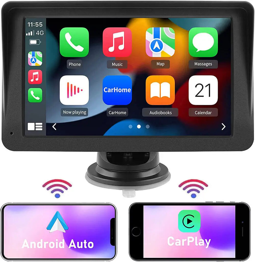 7 inch portable wireless carplay car smart screen with black frame touchscreen displaying ios-style apps and supporting wireless carplay car and android auto connectivity.