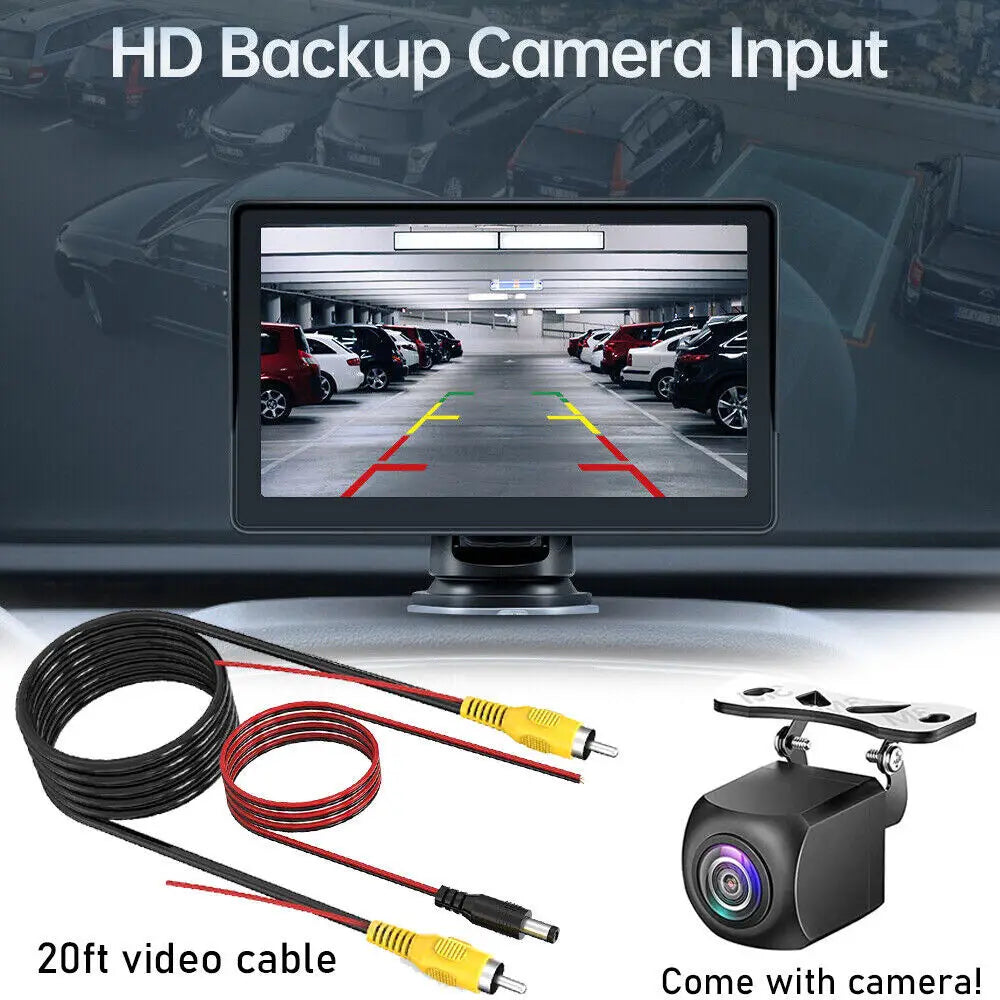 black hd backup camera system with a 7 inch portable wireless carplay monitor displaying parking guidance lines and included video cable for wireless carplay car smart use