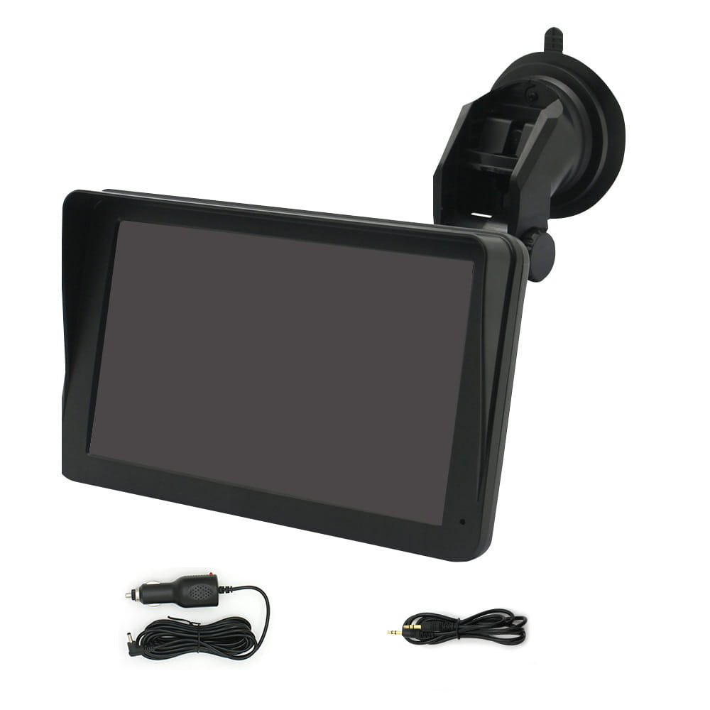Black rectangular 7 inch portable wireless carplay car smart screen with suction cup mount, power adapter, and audio cable for in-car use.