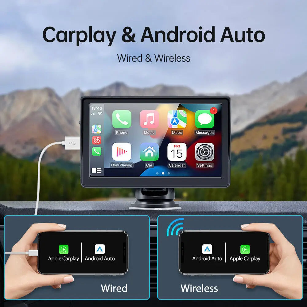 black-framed 7 inch portable wireless carplay car smart screen displaying apple carplay and android auto interfaces for wireless carplay car connectivity in vehicles