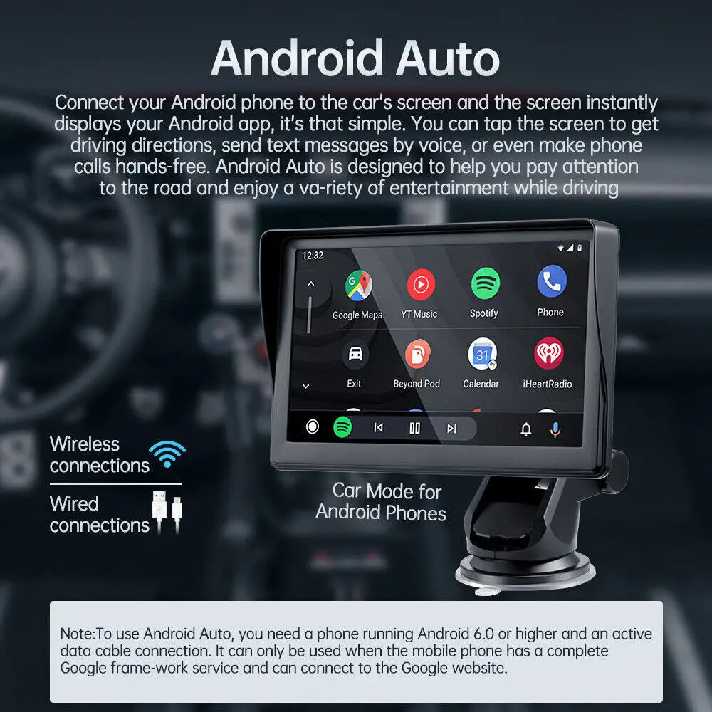black-framed 7 inch portable wireless carplay car smart screen with glossy finish displaying app icons on an android auto infotainment touchscreen.