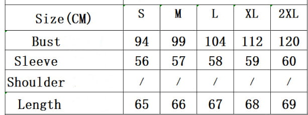The table displays size measurements for the women’s v-neck striped loose henley top including bust, sleeve, shoulder, and length dimensions across sizes s through 2xl.