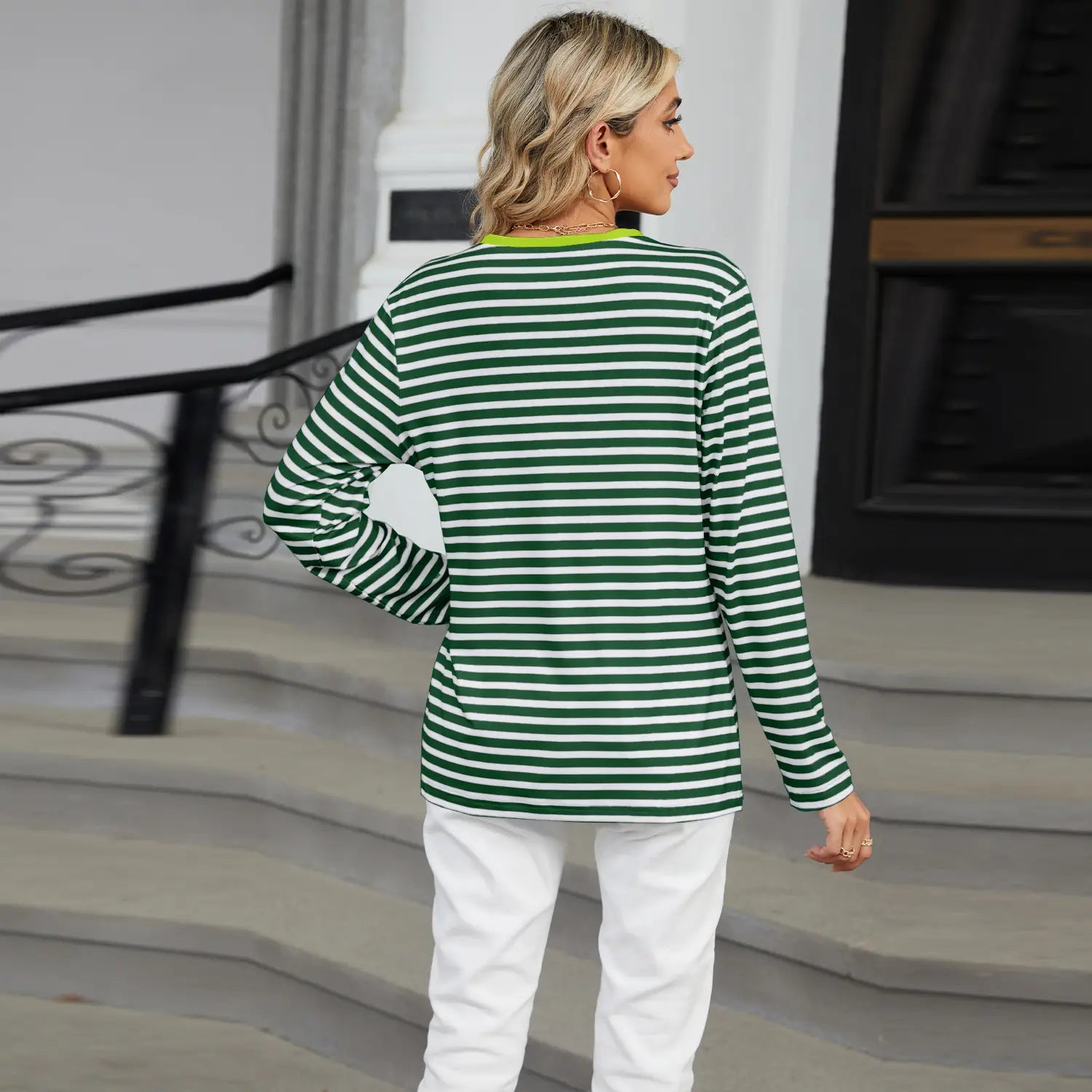 women’s v-neck striped loose henley top featuring green and white horizontal stripes with long sleeves designed for casual wear.