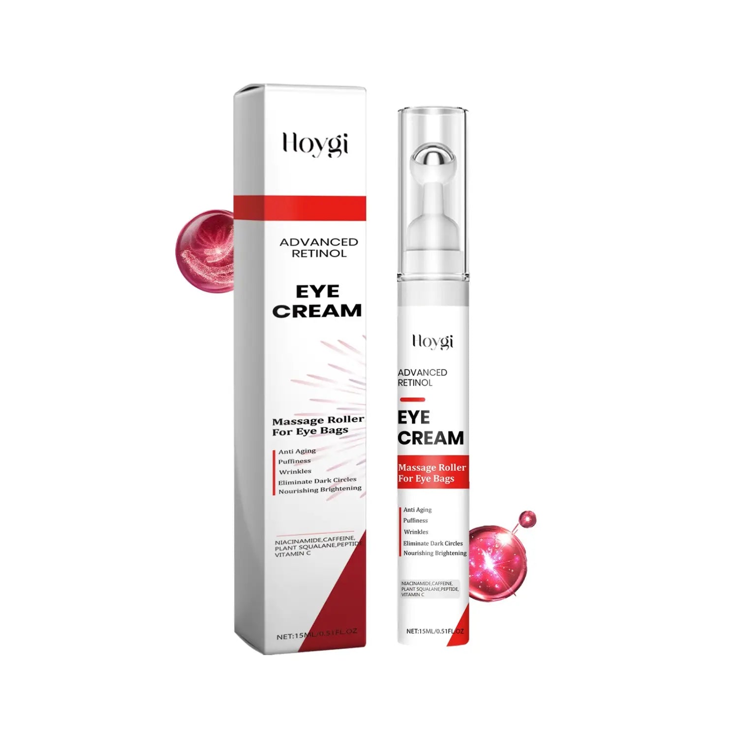 White and red box with hloygi branding next to a clear glass tube of retinol anti-aging eye cream with an advanced retinol massage roller applicator for under-eye concerns.
