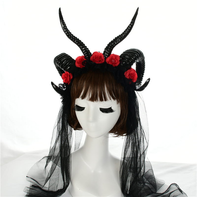 Black horned headpiece featuring red roses and a sheer black veil made of lace for a simulation horn lace dark witch headband.